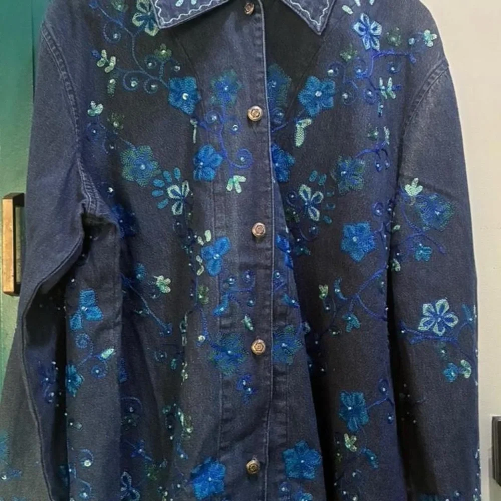 Coldwater Creek Dark Blue Denim Jacket with Blue Floral Embroidery